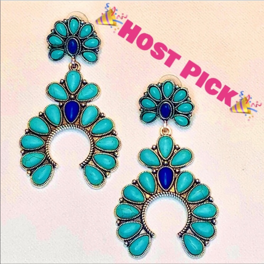 SOLD OUT 🎁 LAST PAIR~ SILVER SQUASH BLOSSOM TURQUOISE & BLUE EARRINGS  3” LONG - Picture 7 of 7